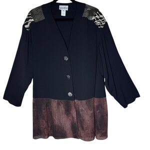 Yasuko Vintage Tunic Top Black & Brown Kimono Inspired 90’s Silk Blend Size S/M